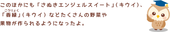 このほかにも「さぬきエンジェルスイート」（キウイ）、「香(こう)緑(りょく)」（キウイ）などたくさんの野菜や果物が作られるようになったよ。